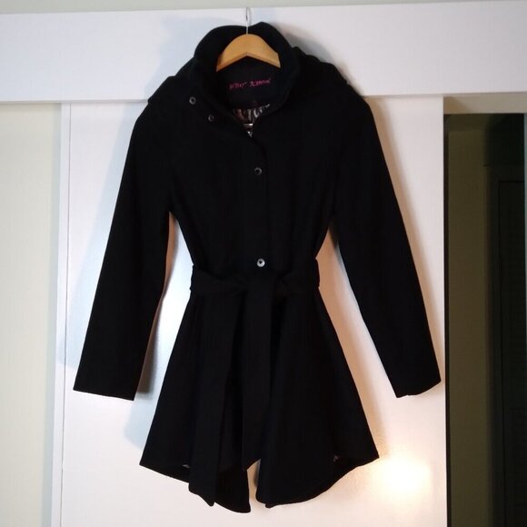 Black Skater HiLo Wool Blend High Neck Detachable Hood Leopard Lined Coat Sz4 - Picture 3 of 13